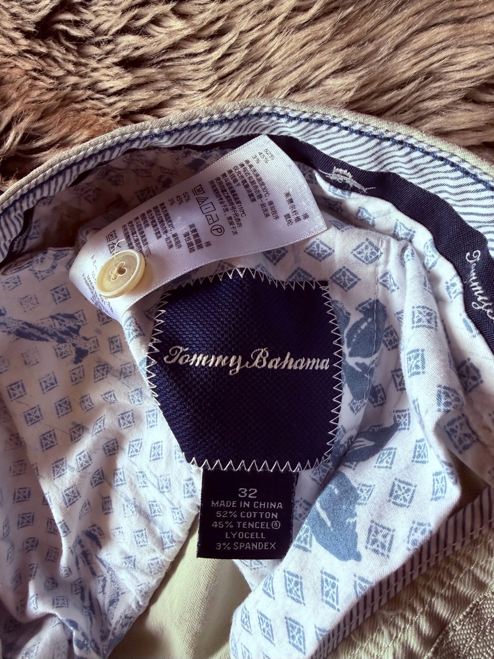 Tommy Bahama Light Khaki Shorts with Blue Printed Waist Lining